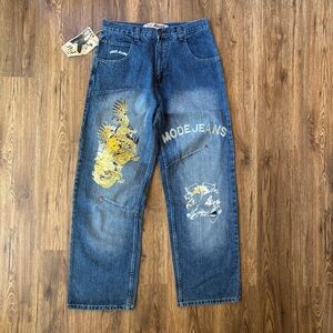 Mido Paris Embroidered Y2K Baggy Jeans with Dragon Design